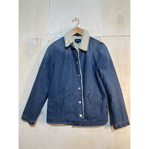 J Crew Jean Trucker Jacket Sherpa Lined Women’s Medium Blue Denim Button Up - Picture 1 of 9